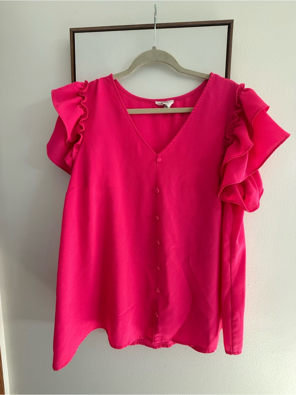Vibrant Pink Ruffle-Sleeve V-Neck Blouse
